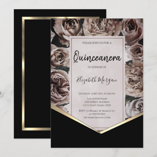 Elegante donkere Rozen Quinceanera Kaart (Voorkant / Achterkant)