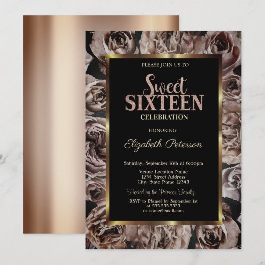 Elegante donkere Rozen zwart zoet 16 Kaart (Voorkant / Achterkant)