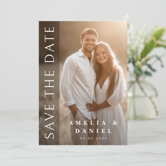 Elegante donkere verticale overlay foto bruiloft save the date (Staand voorkant)