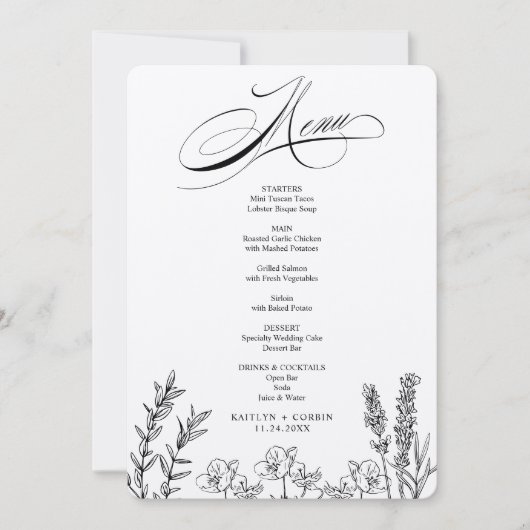 Elegante donkere wilde bloem menukaart kaart (Voorkant)