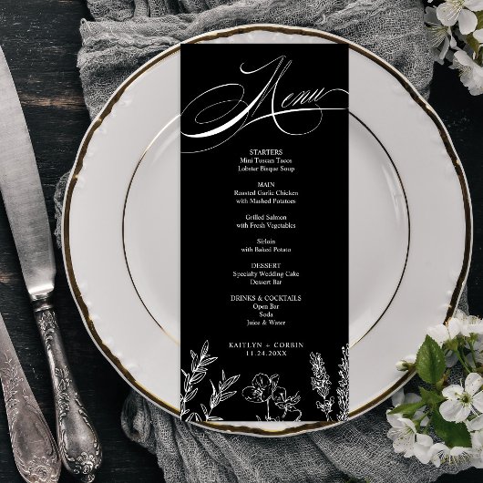 Elegante donkere wilde bloem menukaart programmakaart