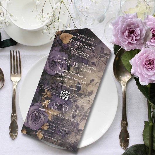Elegante donkergotische Paarse Roos QR-code All In One Uitnodiging