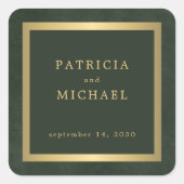 Elegante donkergroen goud gepersonaliseerde bruilo vierkante sticker (Voorkant)