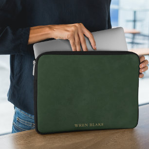 Elegante Donkergroen Leder & Goud Typografie naam Laptop Sleeve