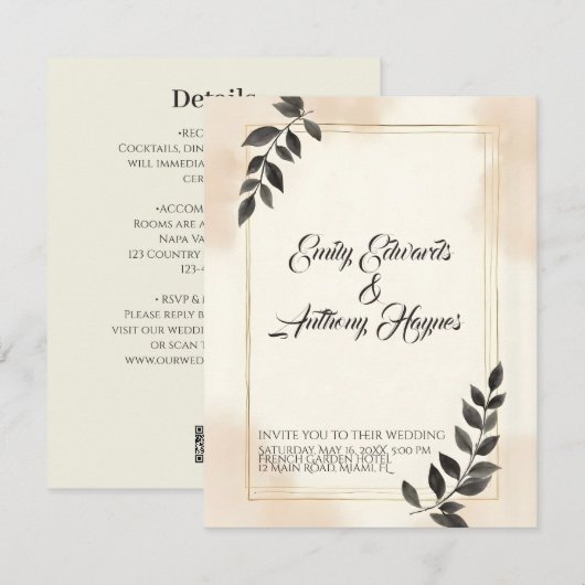 Elegante donkergroene blad bruiloft uitnodiging (Voorkant / Achterkant)