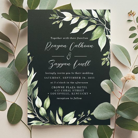 Elegante donkergroene bladgroen bladeren script br kaart