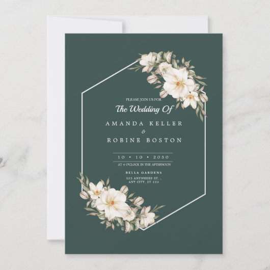 Elegante donkergroene bloemen bruiloft uitnodiging (Voorkant)