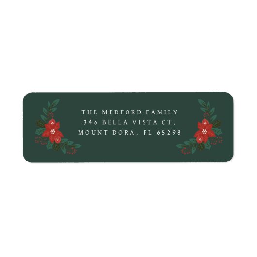 Elegante donkergroene bloemenkerst retouradres etiket (Voorkant)