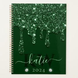 Elegante donkergroene druipende glitter monogram planner