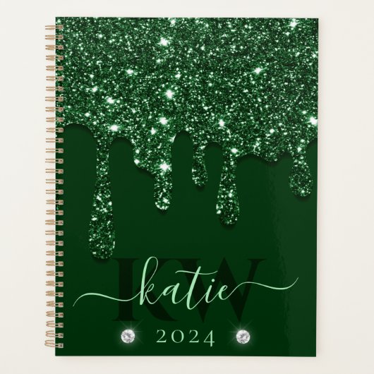 Elegante donkergroene druipende glitter monogram planner (Voorkant)