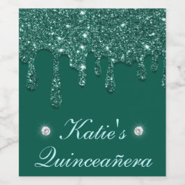 Elegante donkergroene druipende glitter Quinceaner Wijn Etiket