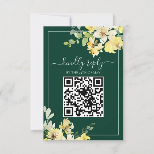 Elegante Donkergroene Gele Bloemen QR Code Huwelij RSVP Kaartje (Voorkant)
