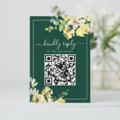 Elegante Donkergroene Gele Bloemen QR Code Huwelij RSVP Kaartje (Staand voorkant)