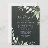 Elegante donkergroene groene bladeren Save The Dat Kaart (Voorkant)