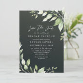 Elegante donkergroene groene bladeren Save The Dat Kaart (Staand voorkant)