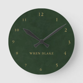 Elegante donkergroene leer & gouden script naam ronde klok