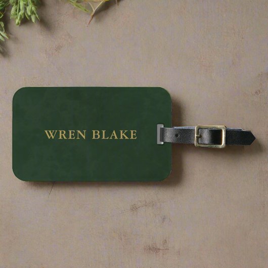 Elegante donkergroene leer & gouden script reizen bagagelabel