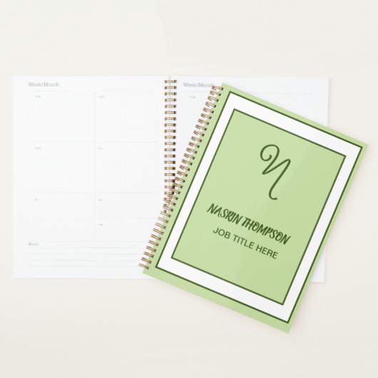 Elegante donkergroene rand script monogram planner (Display)