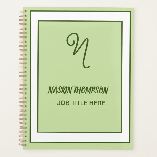 Elegante donkergroene rand script monogram planner (Voorkant)