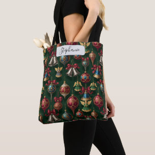 Elegante donkergroene traditionele kerstbal gepers tote bag