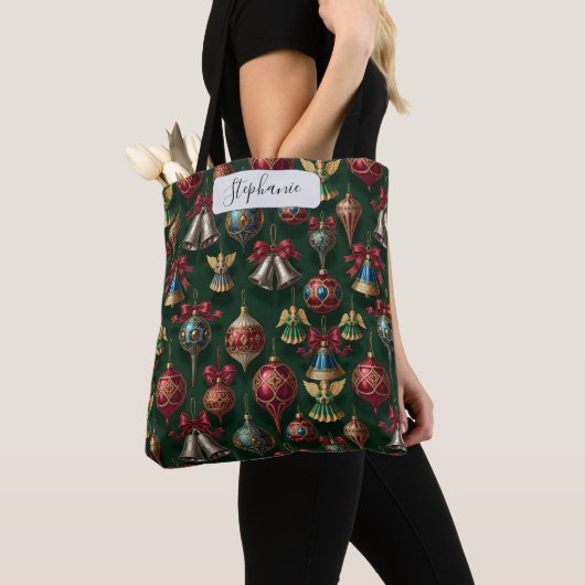 Elegante donkergroene traditionele kerstbal gepers tote bag (Dichtbij)