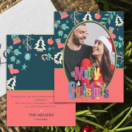 Elegante donkergroene vrolijke kerstfoto begroetin briefkaart