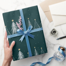 Elegante donkergroene witte kerstbomen patroon cadeaupapier