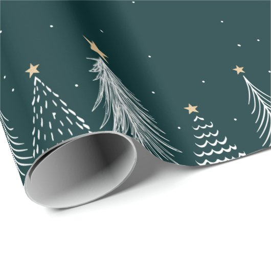 Elegante donkergroene witte kerstbomen patroon cadeaupapier (Rol Hoek)