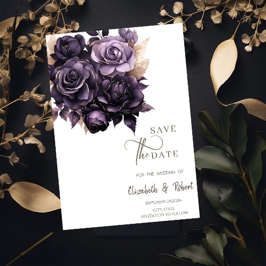 Elegante donkerpaarse rozen bewaren datum save the date