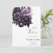 Elegante donkerpaarse rozen bewaren datum save the date (Staand voorkant)