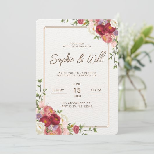Elegante donkerrode bloem bruiloft uitnodiging (Staand voorkant)