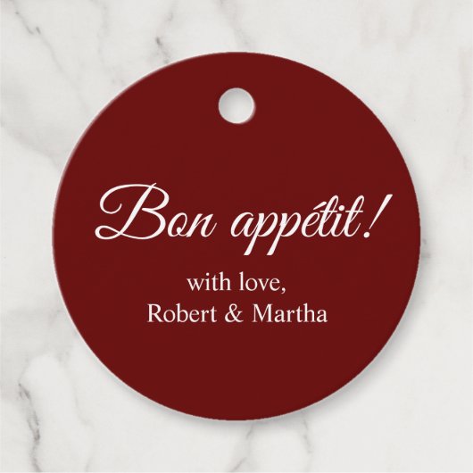 Elegante donkerrode bon appétit aangepaste persoon bedankjes labels (Voorkant)