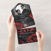 Elegante donkerrode gotische Roos zwarte foto QR-c All In One Uitnodiging (Afscheurbaar)