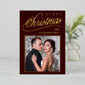 Elegante donkerrode gouden script vrolijke kerstfo folie feestdagenkaart (Staand Voorkant)