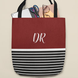 Elegante donkerrode horizontale strepen met naam tote bag