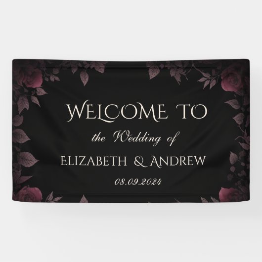 Elegante donkerrode rozen Zwarte bruiloft Spandoek (Horizontaal)