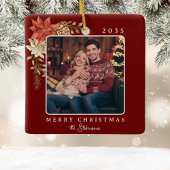 Elegante donkerrode vrolijke kerstpoinsettia foto keramisch ornament