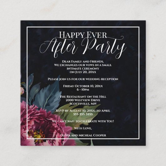 Elegante donkerroze bloemen Happy Ever After Party Informatiekaartje (Voorkant)