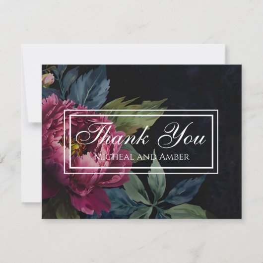 Elegante donkerroze bloemenbruiloft Bedankt kaart (Voorkant)