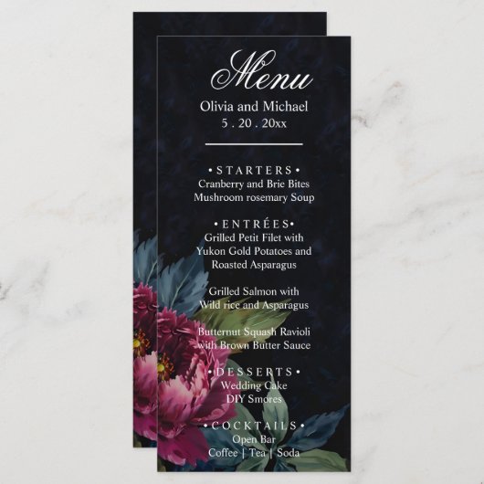 Elegante donkerroze bloemenbruiloft menu (Voorkant / Achterkant)