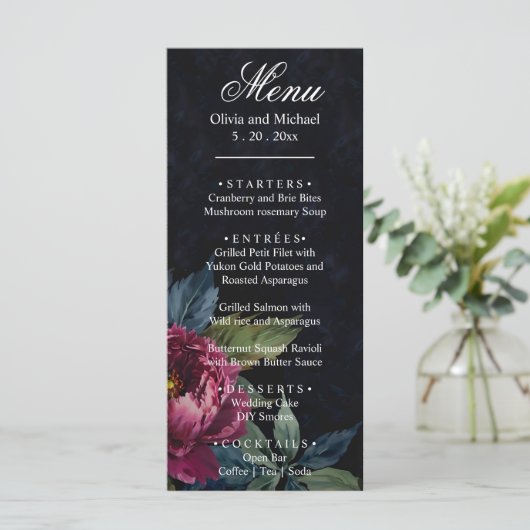 Elegante donkerroze bloemenbruiloft menu (Staand voorkant)