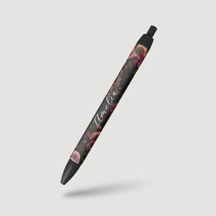Elegante donkerroze bordeauxrode bloem botanisch zwarte inkt pen