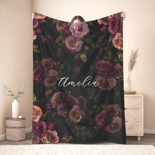 Elegante donkerroze bordeauxrode bloemenkunst fleece deken