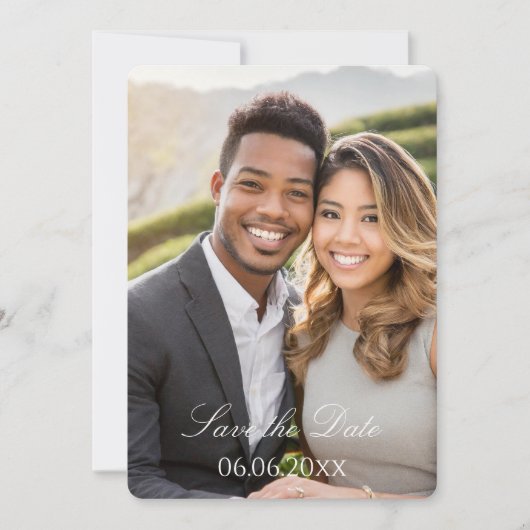 Elegante donkerroze en witte foto save the date (Voorkant)