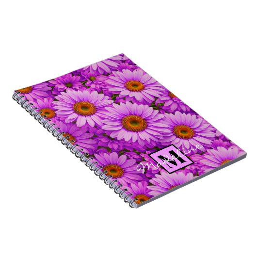 Elegante donkerroze magenta bloemenmadeliefjes notitieboek (Rechterzijde)