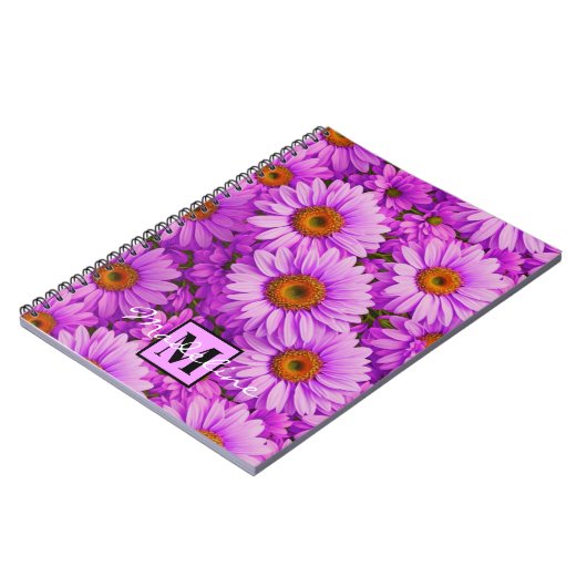 Elegante donkerroze magenta bloemenmadeliefjes notitieboek (Linkerzijde)