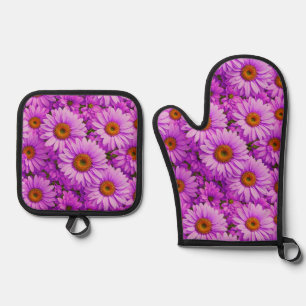 Elegante donkerroze magenta bloemenmadeliefjes ovenwant & pannenlap set