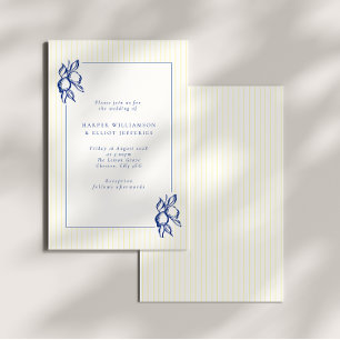 Elegante Doodle Blauwe Citroenen & Strepen Bruilof Kaart