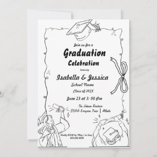 Elegante Doodle Style Hand Drawn Twin Afstuderen Kaart