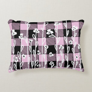 Elegante doodle zwart roze bloemenplaid patroon accent kussen